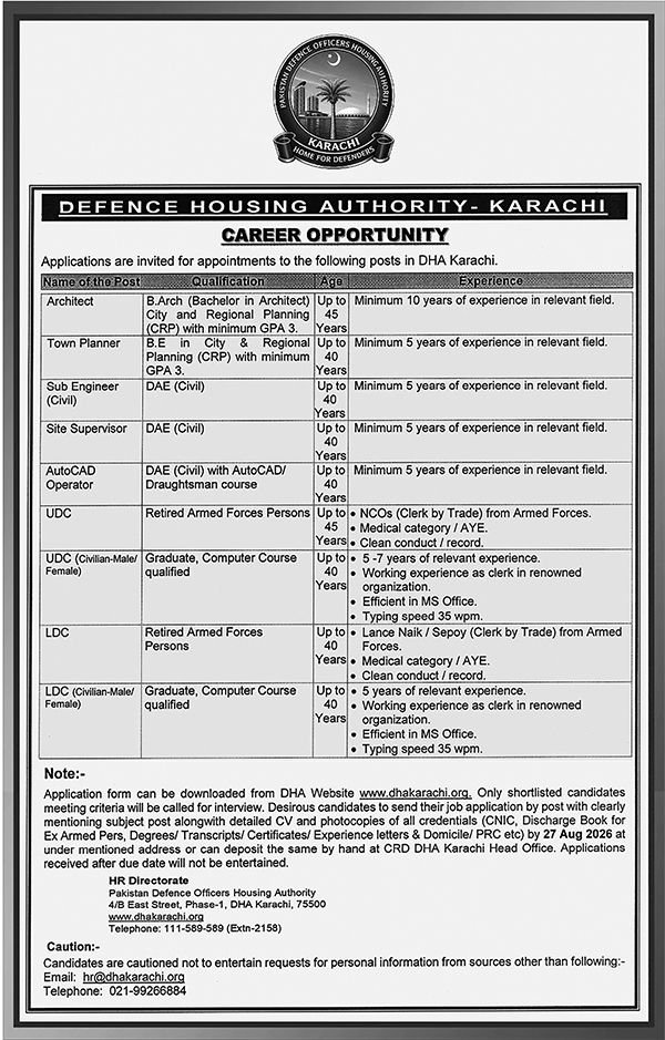Karachi Defence Officers Housing Authority DHA Jobs