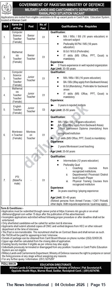 Military Lands and Cantonments Jobs 2026